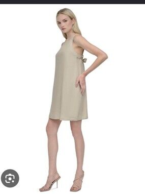 DKNY Linen Blend Shift Dress Beige Sleeveless Scoop Neck Midi Size 8 NWT Party